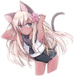  animal_ears arms_up blonde_hair cat_ears cat_tail eyebrows_visible_through_hair flower foreshortening green_eyes hair_flower hair_ornament japanese_flag kantai_collection leaning_forward long_hair looking_at_viewer one-piece_swimsuit open_mouth parted_lips ro-500_(kantai_collection) simple_background smile solo swimsuit swimsuit_under_clothes tail tan tanline white_background yumesato_makura 