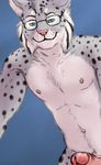  2016 anthro biped black_fur black_spots blue_background blue_eyes cheek_tuft countershade_face countershade_torso countershading digital_media_(artwork) erection eyebrows eyewear feline front_view fur glans glasses grey_fur head_tuft hi_res humanoid_penis looking_at_viewer lynx male mammal marjani multicolored_fur navel nipples nude penis pink_nipples pink_nose pink_penis retracted_foreskin signature simple_background smile smirk solo spots spotted_fur synx_the_lynx tuft uncut white_countershading 