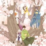  beads black_hair blue_eyes brown_eyes brown_hair cherry_blossoms closed_eyes geta hakama ima-no-tsurugi in_tree ishikirimaru iwatooshi japanese_clothes kogitsunemaru male_focus matsuri_(mattun-00) mikazuki_munechika multiple_boys open_mouth orange_hair petals red_eyes sayagata sitting smile tanzaku tengu-geta touken_ranbu touken_ranbu:_hanamaru tree white_hair 