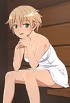  bangs blonde_hair blush brave_witches breasts brown_eyes chin_rest cleavage collarbone hair_between_eyes looking_at_viewer medium_breasts naked_towel nanashino open_mouth short_hair sitting smile solo sweat towel waltrud_krupinski world_witches_series 