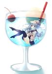  air_bubble anju_(mocomocousagi) black_legwear blue_eyes blush bubble cherry cup drink drinking_straw failure_penguin food fruit hammer_and_sickle hibiki_(kantai_collection) highres in_container in_cup kantai_collection long_hair minigirl silver_hair skirt solo star submerged thighhighs verniy_(kantai_collection) 