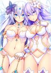 black_heart blue_eyes breasts cleavage daiaru detached_collar detached_sleeves elbow_gloves four_goddesses_online:_cyber_dimension_neptune garter_straps gloves highres large_breasts long_hair multiple_girls navel neptune_(series) purple_hair purple_heart thighhighs 