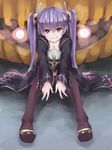 absurdres black_legwear breasts bunny_hair_ornament cleavage double_v full_body grin hair_ornament highres jack-o'-lantern long_hair looking_at_viewer memento_(sennen_sensou_aigis) on_floor outstretched_arms pi_(pnipippi) pumpkin purple_hair red_eyes sennen_sensou_aigis sitting skull small_breasts smile solo thighhighs twintails v very_long_hair 