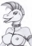  anthro areola breasts collar female looking_at_viewer monochrome nipples reptile scalie sketch smile snake solo spiked_collar spikes vani-fox 