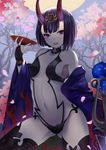  absurdres ass_visible_through_thighs bare_shoulders bridal_gauntlets cherry_blossoms covered_nipples cup eyebrows eyebrows_visible_through_hair fangs fate/grand_order fate_(series) highres horns japanese_clothes kimono looking_at_viewer magician_(china) md5_mismatch moon navel off_shoulder oni oni_horns open_clothes open_kimono open_mouth purple_eyes purple_hair sakazuki short_eyebrows short_hair shuten_douji_(fate/grand_order) solo splashing sword weapon 
