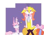  2016 4_fingers alpha_channel ambiguous_gender angry anthro black_nose blue_eyes bow_tie braixen digital_media_(artwork) dipstick_tail duo eeveelution feral fur girly headband inner_ear_fluff kitsunekotaro looking_at_viewer multicolored_tail nintendo one_eye_closed pink_eyes pink_fur pink_nose pok&eacute;mon purple_background simple_background star sylveon transparent_background video_games white_fur wink yellow_fur 