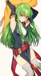  armpits arms_up belt boots breasts c.c. cheese-kun code_geass creayus detached_sleeves green_hair long_hair looking_at_viewer medium_breasts shorts simple_background solo thigh_boots thighhighs twitter_username white_background white_footwear white_legwear yellow_eyes 