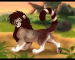  black_bars brown_fur brown_hair day feline feral fur green_eyes hair male mammal nude outside pawpads purrchinyan saber-toothed_cat smile solo soo standing white_fur 