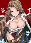  breasts brown_hair cape christmas cleavage fur_trim granblue_fantasy hair_ornament katalina_aryze large_breasts leotard long_hair nabeshima_tetsuhiro red_eyes santa_costume solo 