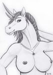  anthro areola breasts equine female hair horn looking_at_viewer mammal monochrome nipples smile solo unicorn vani-fox 