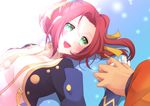  1boy 1girl blush breasts dress eleanor_hume green_eyes hair_ornament hand_holding jacket long_hair open_mouth red_hair rokurou_rangetsu tales_of_(series) tales_of_berseria twintails 