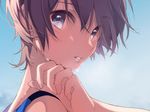  bare_shoulders blue_eyes blue_sky brown_hair close-up day earrings eyelashes face from_side hand_on_own_shoulder jewelry light_smile looking_at_viewer looking_to_the_side original parted_lips portrait short_hair sky solo stud_earrings u35 water water_drop 