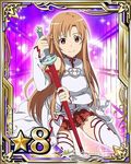  asuna_(sao) brown_eyes brown_hair card_(medium) detached_sleeves holding holding_sword holding_weapon kneeling long_hair looking_at_viewer number official_art pleated_skirt red_skirt skirt smile solo star sword sword_art_online sword_art_online:_code_register thighhighs weapon white_legwear 