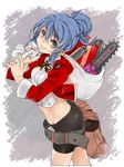  ass belt bike_shorts blue_eyes blue_hair chainsaw kochiya_(gothope) looking_at_viewer midriff sack short_hair solo 