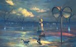  animal blue_eyes cat clouds cropped feel_(nasitaki) kneehighs original ribbons seifuku short_hair signed skirt sky tree 