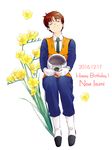  birthday brown_hair character_name closed_eyes english eyelashes flower gaiters gloves hands_on_lap happy happy_birthday helmet izumi_noa kidou_keisatsu_patlabor looking_up necktie overday police police_uniform short_hair sitting smile solo uniform uniform_vest white_background white_gloves 