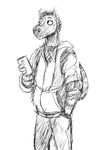  anthro black_and_white cellphone clothing equine hladilnik hoodie male mammal monochrome phone solo standing zebra zebra_son_(hladilnik) 