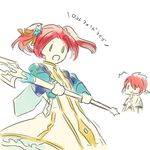  1girl dress eleanor_hume frills green_eyes jacket long_hair luke_fon_fabre open_mouth red_hair short_hair spear tales_of_(series) tales_of_berseria tales_of_the_abyss twintails weapon 