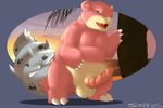  anthro balls bedroom_eyes blush cute_fangs erection front_view half-closed_eyes looking-at_viewer male mammal nintendo open_mouth palm_tree penis pok&eacute;mon seductive signature slightly_chubby slowbro solo standing sunset syntex tree unusual_penis video_games 