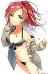  bad_id bad_pixiv_id bangs bikini black_bikini breasts cardigan cleavage commentary_request front-tie_top green_eyes halterneck hand_on_own_chin highres jewelry large_breasts long_sleeves looking_at_viewer midriff navel open_cardigan open_clothes original pendant pom_pom_(clothes) ponytail red_hair sleeves_past_wrists smile sogawa solo star swimsuit white_background 