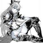  armor bangs black_gloves boots bow cross-laced_footwear dress gloves granblue_fantasy greyscale hair_bow hair_ornament lace-up_boots long_hair monochrome navel pauldrons ponytail ribbon short_dress sitting smile solo thighhighs thighs vira_lilie zunta 