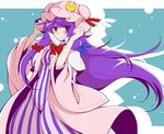  blue_bow blush bow commentary_request crescent eichi_yuu hair_bow hat hat_ribbon long_hair mob_cap open_mouth patchouli_knowledge purple_eyes purple_hair red_bow red_ribbon ribbon solo striped touhou very_long_hair 