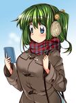  ase_(nigesapo) blue_eyes breasts cellphone coat contemporary daiyousei earmuffs fairy_wings green_hair large_breasts long_hair long_sleeves low_wings phone scarf side_ponytail smartphone solo touhou wings winter_clothes winter_coat 