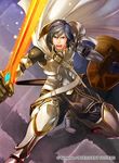  armor armored_boots blue_eyes blue_hair boots cape company_connection energy falchion_(fire_emblem) fighting_stance fire_emblem fire_emblem:_kakusei fire_emblem_cipher glowing glowing_sword glowing_weapon holding holding_shield holding_sword holding_weapon jpeg_artifacts kita_senri krom light_particles male_focus official_art open_mouth pants purple_background serious shield solo sword teeth weapon white_armor white_cape 