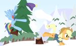  2016 applejack_(mlp) blonde_hair blue_feathers blue_fur clothed clothing cowboy_hat cutie_mark day dm29 duo earth_pony equine feathered_wings feathers female feral friendship_is_magic fur green_eyes hair hat horse mammal multicolored_hair my_little_pony orange_fur outside pegasus pony rainbow rainbow_dash_(mlp) rainbow_hair sky snow tree wings winter 