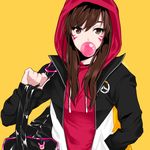  bag bangs bitto34 brown_eyes brown_hair bubble_blowing charm_(object) chewing_gum d.va_(overwatch) drawstring duffel_bag facepaint facial_mark hood hood_up hoodie jacket long_hair long_sleeves open_clothes open_jacket overwatch shoulder_bag simple_background solo upper_body whisker_markings yellow_background 