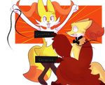  2016 4_fingers alpha_channel ambiguous_gender anthro black_fur bow_tie braixen censor_bar censored chest_tuft delphox digital_media_(artwork) digitigrade dipstick_tail duo english_text fur humor inner_ear_fluff kitsunekotaro kneeling looking_at_viewer multicolored_tail nintendo open_mouth orange_background orange_nose pink_eyes pink_nose pok&eacute;mon raised_arm red_fur simple_background standing sweat sweatdrop text transparent_background tuft video_games white_fur yellow_fur 