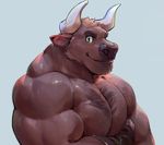  2016 anthro biceps bovine brown_fur cattle fur green_eyes horn looking_at_viewer male mammal muscular muscular_male null-ghost pecs simple_background smile solo 