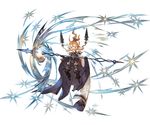  blue_eyes boots cape facial_hair facial_mark forehead_mark gloves granblue_fantasy harvin long_hair male_focus minaba_hideo mustache official_art orange_hair pointy_ears polearm ponytail simple_background solo sparkle spear uno_(granblue_fantasy) weapon white_background 