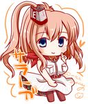  blue_eyes blush_stickers breast_pocket breasts brown_hair chibi commentary_request dress eyebrows_visible_through_hair hair_between_eyes highres kantai_collection large_breasts long_hair looking_at_viewer mochimako neckerchief pocket ponytail red_neckwear saratoga_(kantai_collection) side_ponytail smile solo twitter_username white_dress 