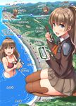  :d beach bikini blue_eyes blush breasts brown_hair brown_legwear brown_skirt chibi chopsticks commentary_request day eating food forest giantess hair_ornament ichikawa_feesu kantai_collection kneeling kumano_(kantai_collection) landscape looking_at_viewer map medium_breasts mountain multiple_persona namesake nature necktie ocean open_mouth outdoors partially_submerged ponytail red_bikini ship sitting skirt smile standing swimsuit thighhighs translated turret turtle water watercraft zettai_ryouiki 