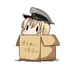  absurdres artist_name bad_id bad_pixiv_id bismarck_(kantai_collection) black_eyes blonde_hair blush box cardboard_box chibi dated grey_hat hat hatsuzuki_527 highres in_box in_container kantai_collection long_hair peaked_cap peeking_out signature simple_background solid_oval_eyes solo translated 