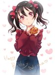  black_hair bow box chiigo cowboy_shot earrings gift gift_box hair_bow head_tilt heart highres holding holding_gift jewelry looking_at_viewer love_live! love_live!_school_idol_project necklace pearl_earrings red_eyes simple_background skirt solo sweater text_focus twintails yazawa_nico 