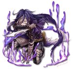  akizuno artist_name aura bandages dagger granblue_fantasy long_hair male_focus nail_polish purple_eyes scarf simple_background solo weapon white_background zehek 