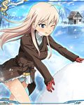  ;p ahoge bare_tree blonde_hair blue_eyes cabin card_(medium) fence frozen_lake gloves hanna-justina_marseille jacket long_hair official_art one_eye_closed panties pantyshot snow snowing solo strike_witches tongue tongue_out tree trench_coat underwear upskirt white_panties winter_clothes world_witches_series 