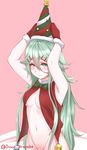  alternate_costume armpits arms_up artist_name bare_shoulders blush bottomless bow bowtie breasts disco_brando eyebrows_visible_through_hair gloves green_bow green_eyes green_hair green_neckwear groin hair_between_eyes hair_ornament hairclip hat highres kantai_collection long_hair looking_at_viewer medium_breasts multicolored multicolored_clothes multicolored_hat navel no_bra open_clothes open_vest out-of-frame_censoring pink_background red_gloves red_vest simple_background sleeveless solo star stomach twitter_username underboob upper_body very_long_hair vest yamakaze_(kantai_collection) 
