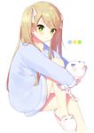  :&lt; =_= bangs blonde_hair blue_sweater blush cat cat_slippers circle commentary_request dress ema-chan_(mafuyu) eyebrows_visible_through_hair from_side green_eyes hair_ornament hairclip highres holding holding_cat knee_up long_hair looking_at_another looking_at_viewer mafuyu_(chibi21) original ribbon simple_background slippers solo star star_hair_ornament sweater sweater_dress swept_bangs twintails white_background white_cat white_ribbon 