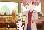  :3 alien bakery bread casual coat food hair_ribbon indoors kaname_madoka kyubey looking_at_viewer mahou_shoujo_madoka_magica pink_eyes pink_hair red_eyes ribbon samidare shop smile solo tongs twintails winter_clothes 