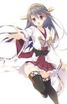  bangs black_hair black_legwear breasts brown_eyes collarbone commentary_request detached_sleeves dress floating_hair frilled_dress frills hair_between_eyes hairband haruna_(kantai_collection) headgear inugami_kira jpeg_artifacts kantai_collection knee_up large_breasts long_hair nontraditional_miko outstretched_arm remodel_(kantai_collection) ribbon-trimmed_sleeves ribbon_trim simple_background solo standing thighhighs white_background wide_sleeves 