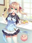  anzu_(sumisaki_yuzuna) apron bangs biscuit black_skirt blonde_hair bun_cover commentary_request creature egg eyebrows_visible_through_hair food green_eyes hair_between_eyes ham holding holding_plate long_hair neckerchief original pig plate pleated_skirt school_uniform serafuku skirt spatula sumisaki_yuzuna twintails 