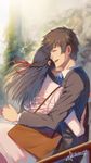  1girl absurdres bag black_hair blurry blurry_background braid brown_hair closed_eyes couple dated formal french_braid hetero highres hug kimi_no_na_wa long_hair miyamizu_mitsuha older open_mouth shoulder_bag smile spoilers squidsmith suit tachibana_taki tears 