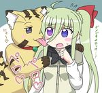  ahoge asteion blue_eyes blush_stickers collar einhart_stratos flying_sweatdrops green_hair hair_between_eyes heterochromia licking lyrical_nanoha open_mouth purple_eyes rainbowcard sweatdrop tongue translation_request twintails vivid_strike! 