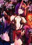  alcohol blush breasts capitan_wei cup demon_girl fang fate/grand_order fate_(series) highres horns japanese_clothes jewelry kimono navel oni oni_horns purple_eyes purple_hair sakazuki sake short_hair shuten_douji_(fate/grand_order) small_breasts solo tongue tongue_out 