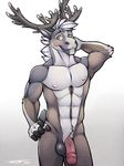 2016 abs anthro antlers armpits balls biceps cervine front_view hand_behind_head hand_on_hip horn invalid_tag male mammal mnty_(character) muscular muscular_male nipples nude pecs penis pinup pose reindeer rubbing_head signature simple_background smile solo tsaiwolf vein white_background 