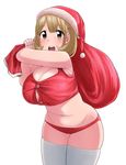  2016 belly breasts brown_eyes brown_hair button_gap christmas cleavage ekz_(drawfag) hair_ornament hairclip hat heart heart_hair_ornament highres huge_breasts merry_christmas narusawa_ryouka occultic;nine panties plump red_panties sack santa_costume santa_hat short_hair simple_background solo thick_thighs thighhighs thighs underwear white_background white_legwear 