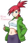  blue_eyes breasts choker cowboy_shot crop_top ear_piercing earrings foster's_home_for_imaginary_friends frances_foster goriate groin hand_in_pocket high_ponytail hood hoodie jewelry medium_breasts midriff navel piercing purple_skirt red_hair skirt solo thumbs_up 